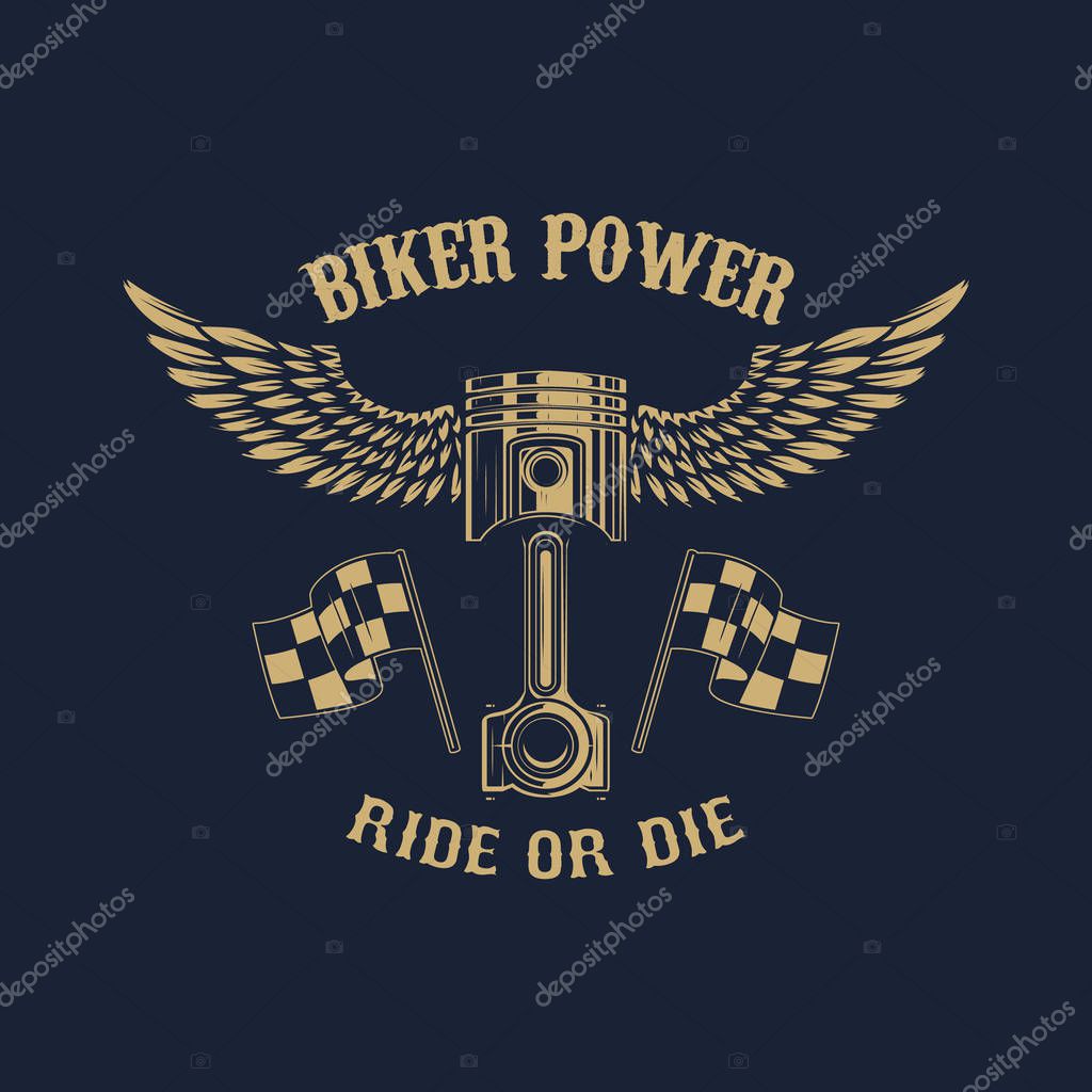 Biker power. piston with wings. Design element for logo, label, emblem, sign, badge. Vector illustration