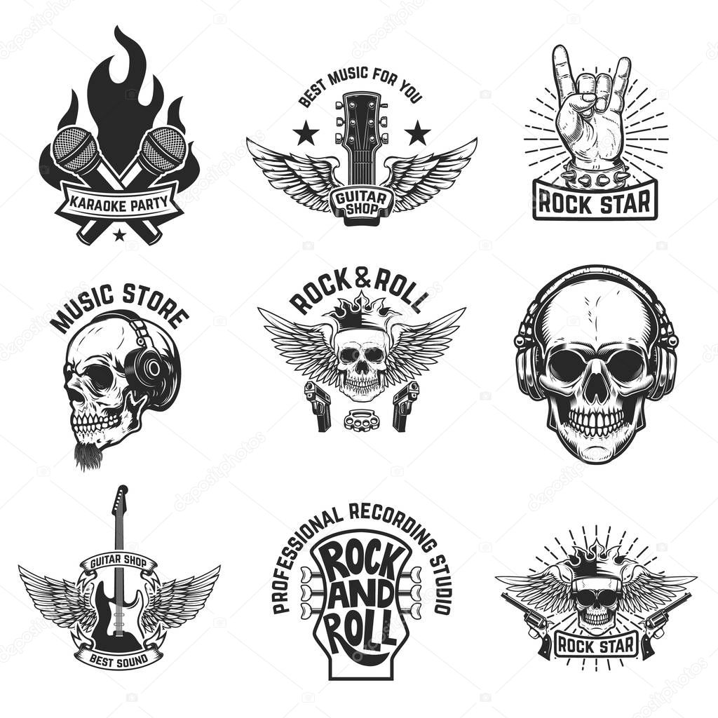Set of rock music emblems isolated on white background. Design element for logo, label, emblem, sign, poster, t shirt. Vector illustration