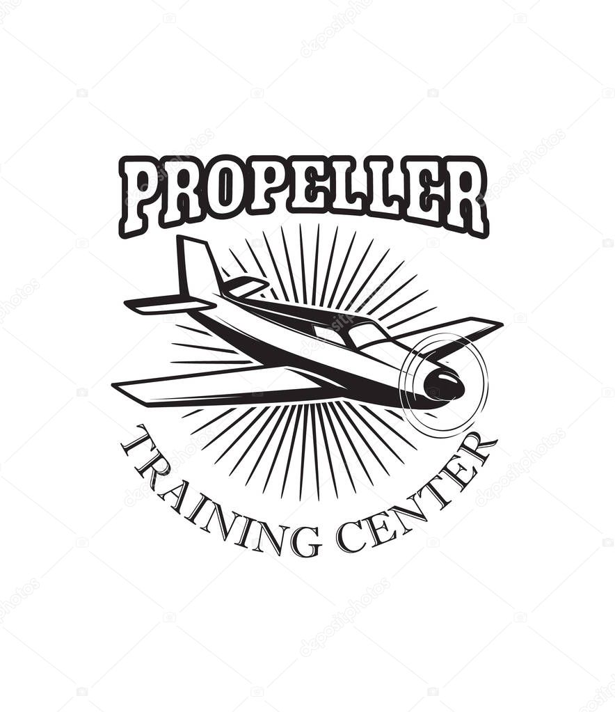 Aviation training center emblem template with retro airplane. Design element for logo, label, emblem, sign. Vector illustration