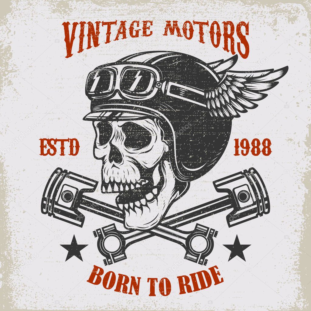 Vintage motors. Ride hard. Vintage racer skull in winged helmet illustration on grunge background. Design element for poster, emblem, sign, t shirt. Vector illustration