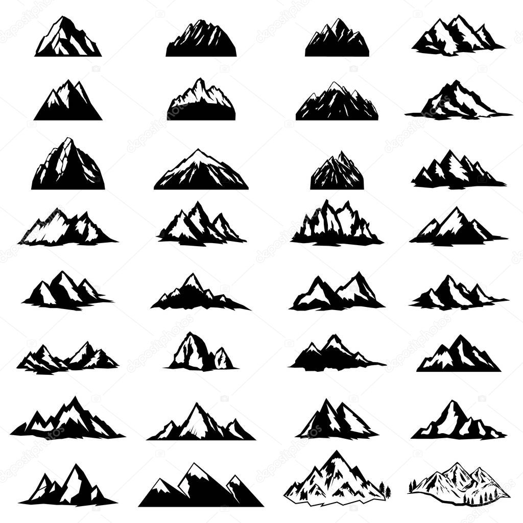 Big set of mountain icons isolated on white background. Design elements for logo, label, emblem, sign. Vector illustration