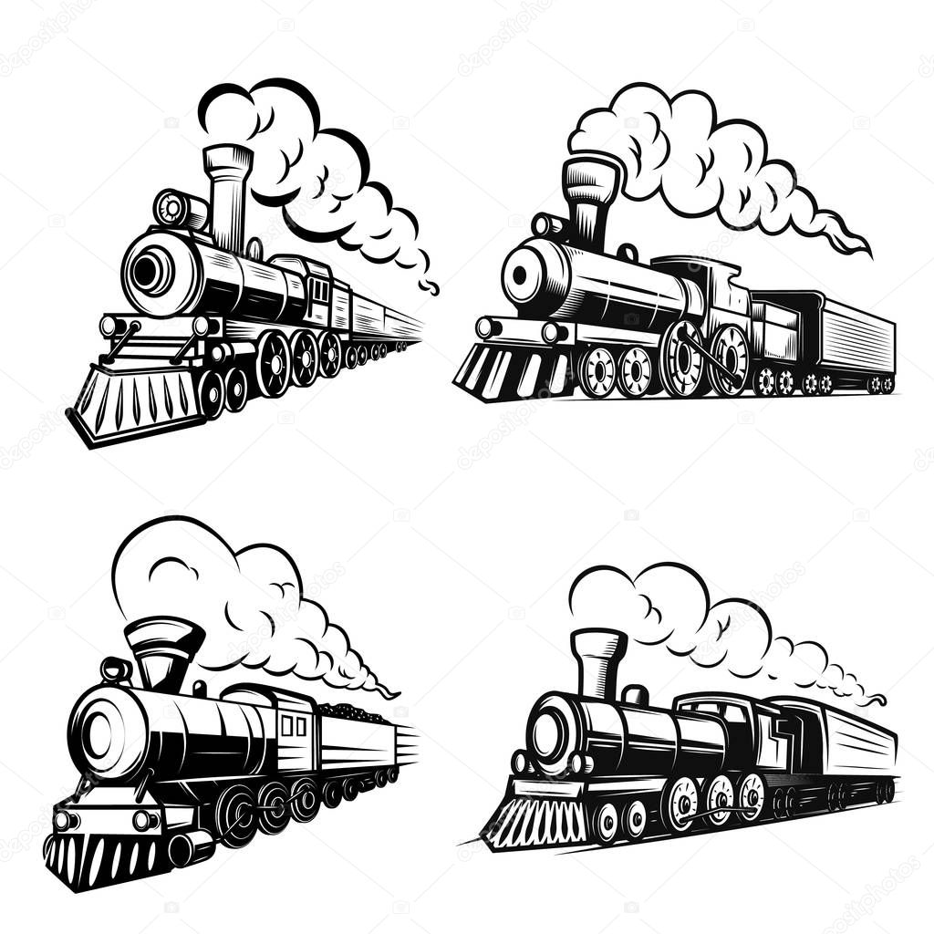 Set of retro locomotives on white background. Design elements for logo, label, emblem, sign. Vector image