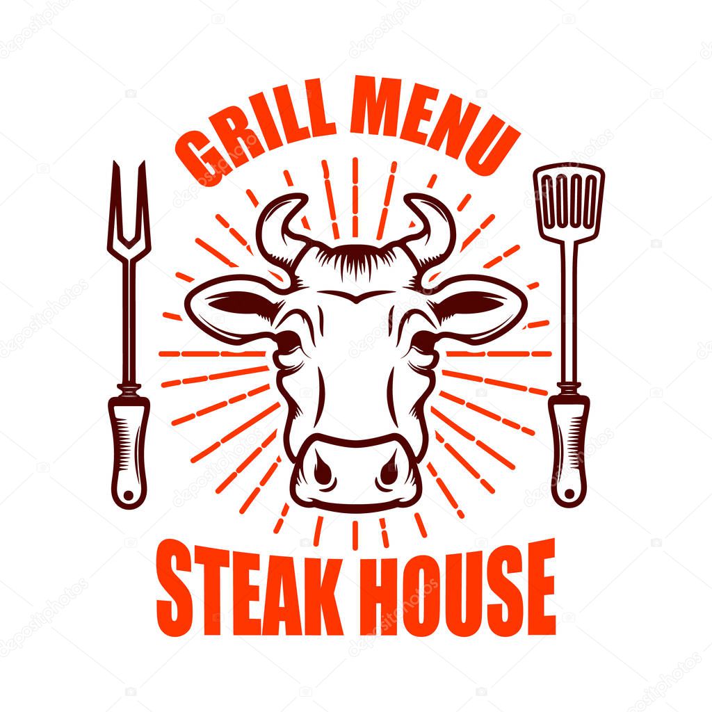 Steak house. Bull head  and crossed kitchen knives. Design element for logo, label, emblem. Vector illustration