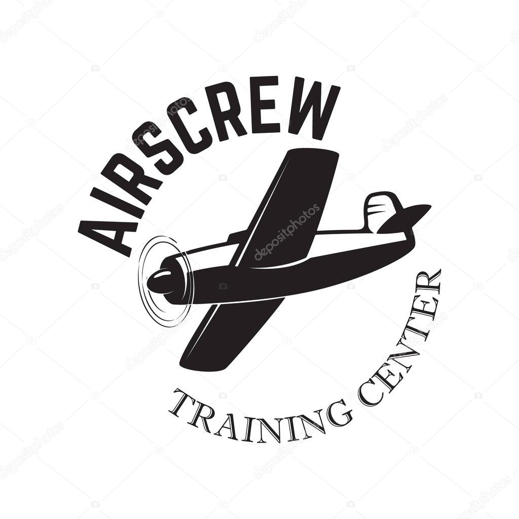 Airplane show. Retro airplane propeller on winged emblem. Design element for logo, label, emblem, sign. Vector illustration
