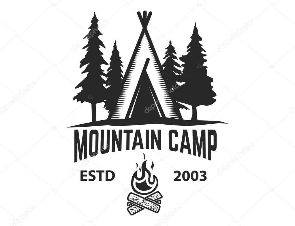 Mountain camp emblem template. Camping tent with trees and campfire. Design element for logo, label, emblem, sign. Vector illustration