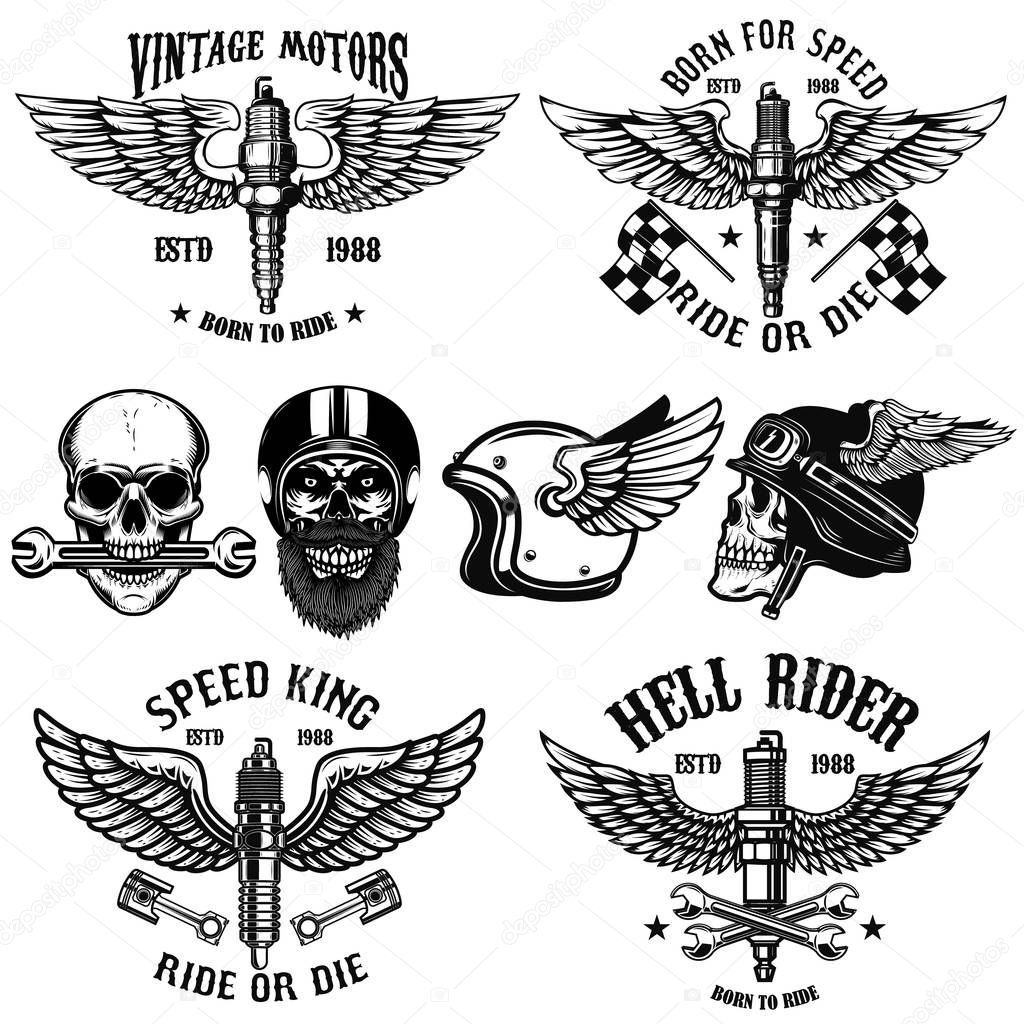 Set of biker emblems with winged spark plugs. Racer skull. Design element for poster, card, logo, emblem, sign. Vector image