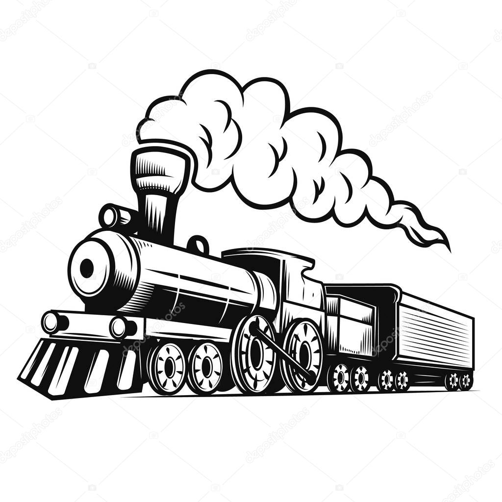 Retro train illustration isolated on white background. Design element for logo, label, emblem, sign. Vector illustration
