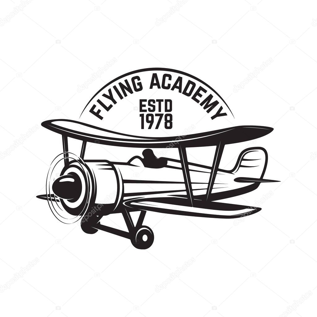 Aviation training center emblem template with retro airplane. Design element for logo, label, emblem, sign. Vector illustration