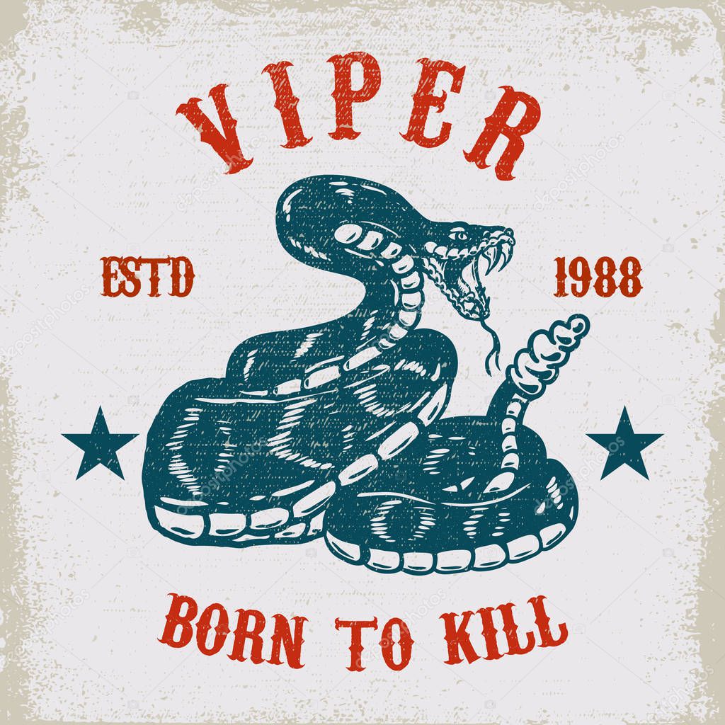 Viper snake illustration on grunge background. Design element for poster, card, t shirt, emblem. Vector illustration