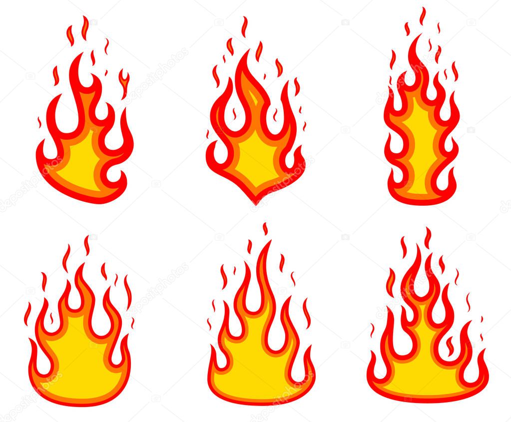 Set of fire illustrations on white background. Design elements for poster, emblem, sign, badge. Vector image