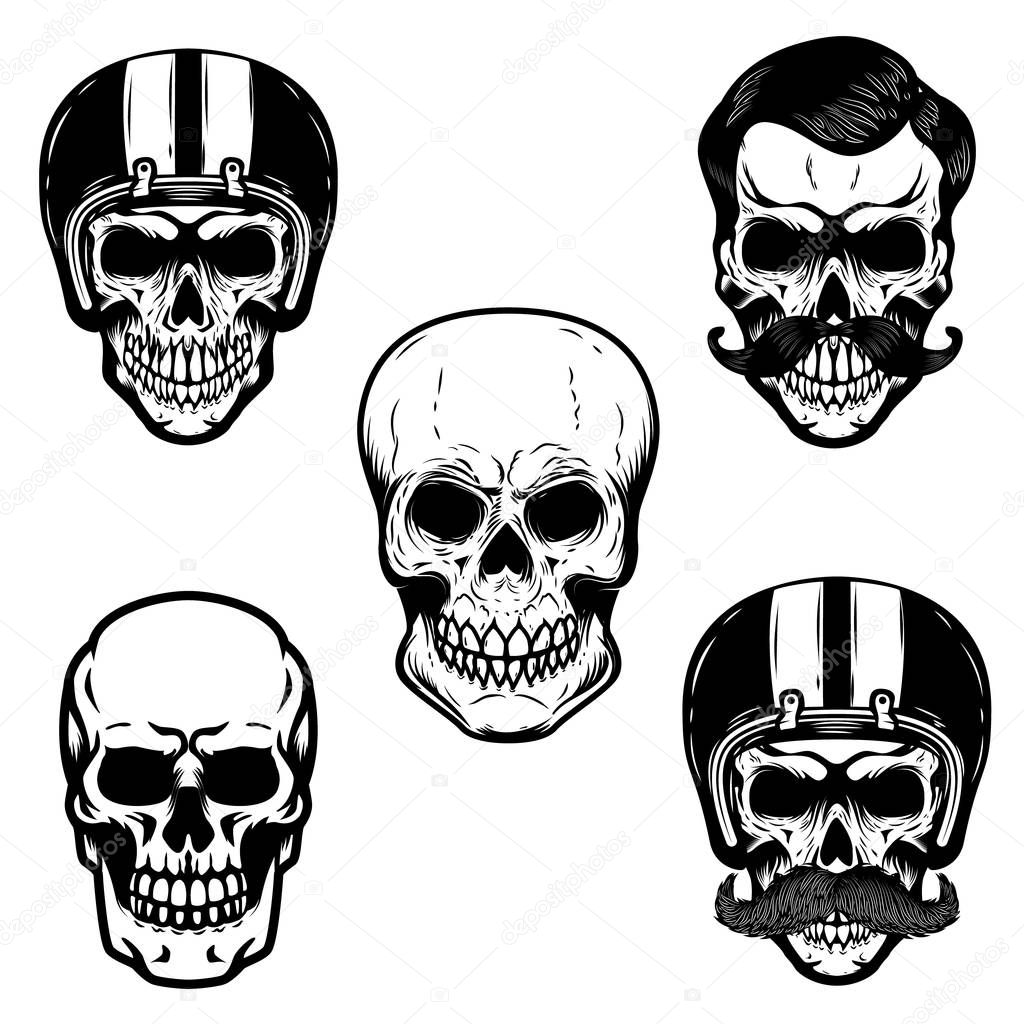 Set of skulls on white background. Cranium in racer helmet.  For emblem, sign, logo, label, badge. Vector image