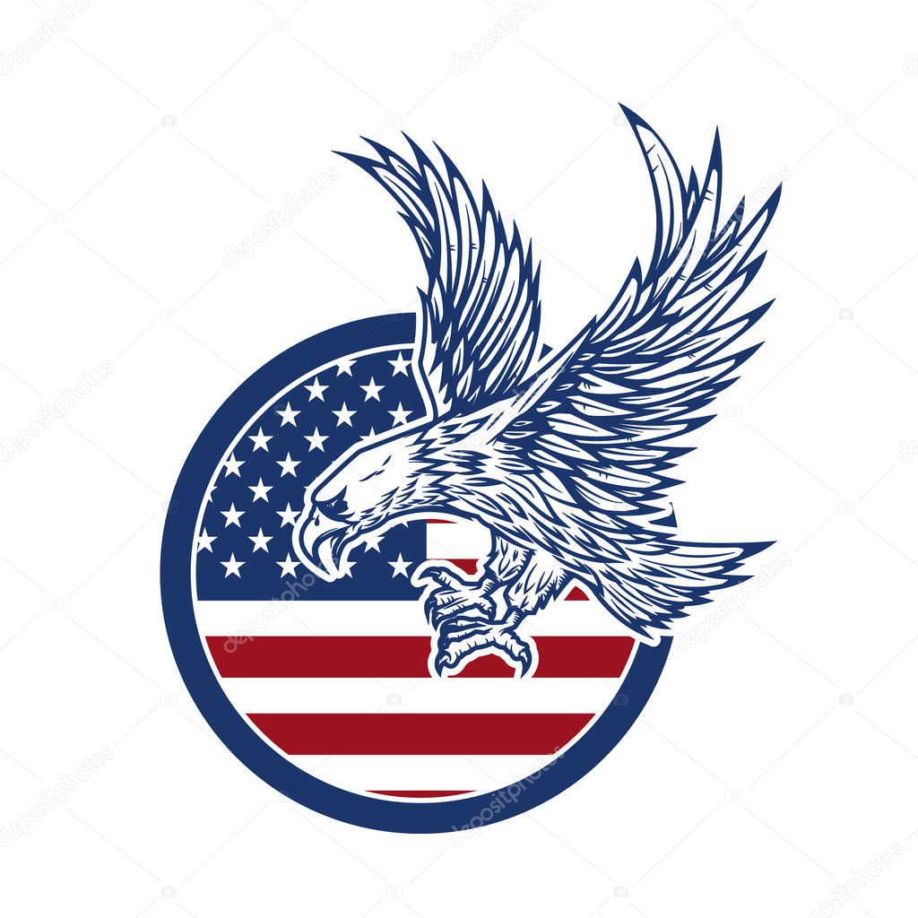 Eagle on american flag. Design element for logo, label, emblem, sign. Vector image
