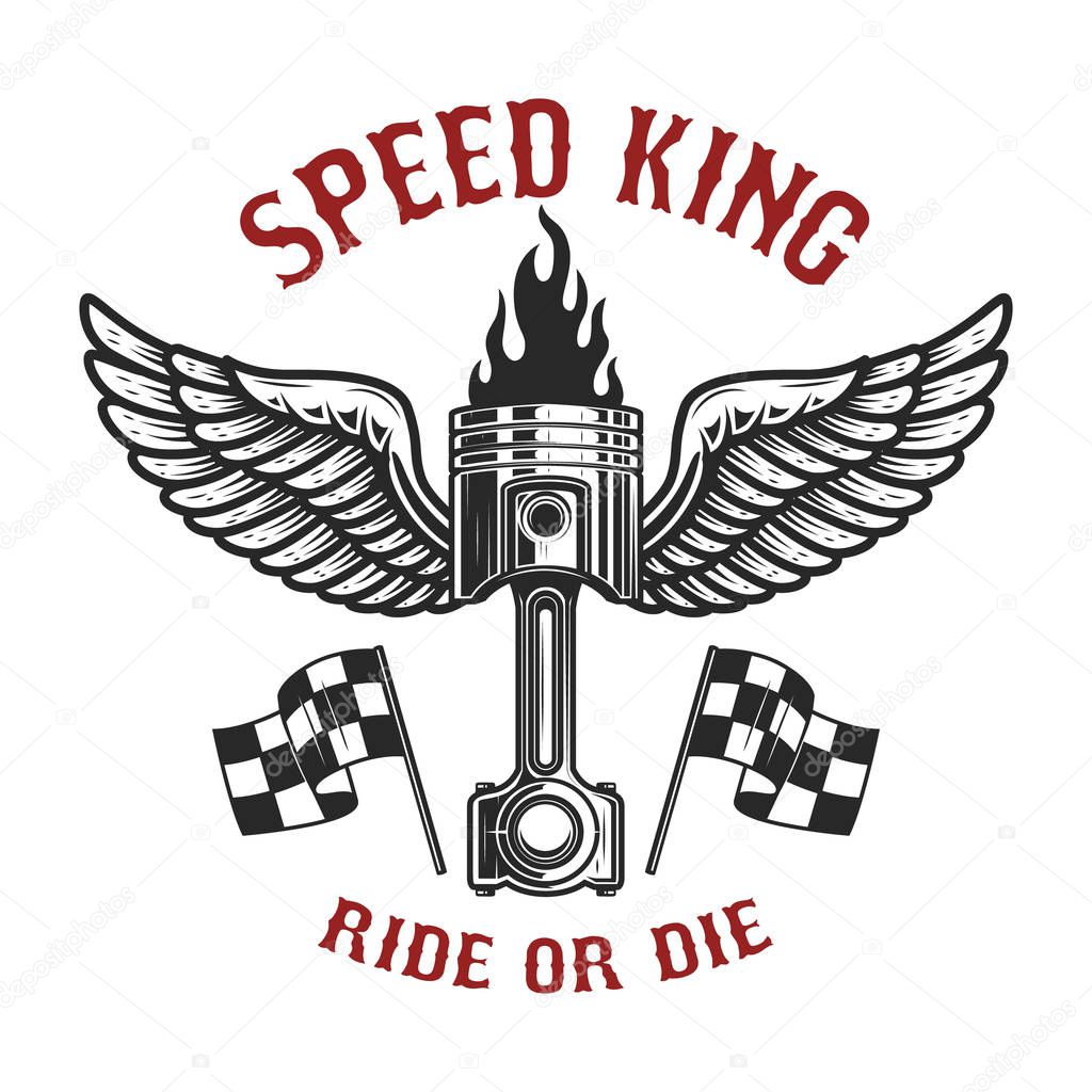Speed king. Car piston with wings. Design element for poster, card, banner, flyer. Vector image