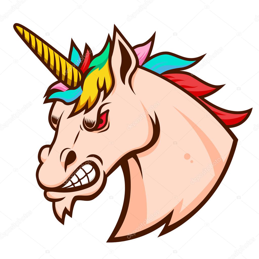Angry unicorn head. Design element for logo, label, emblem, sign. Vector illustration