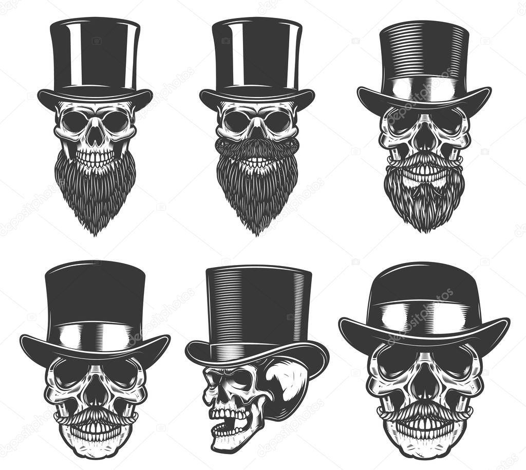 Set of skulls in retro hats. Design element for poster, card, t shirt, emblem, badge. Vector image