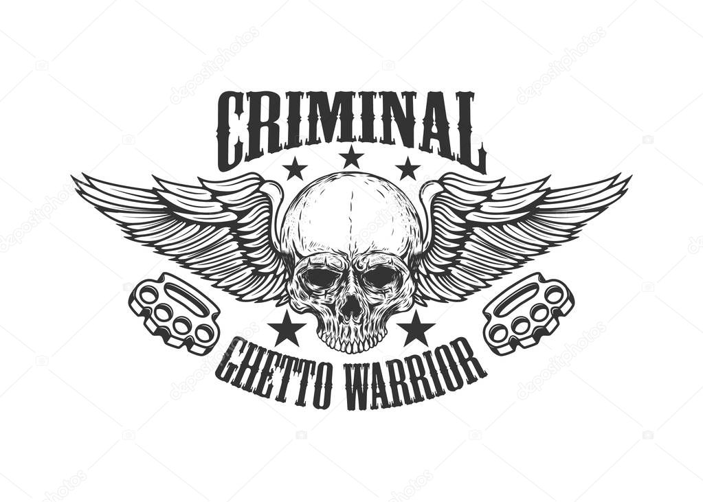 Criminal. Ghetto warrior. Skull with wings and brass knuckles. Design element for logo, label, emblem, sign, badge. Vector illustration 