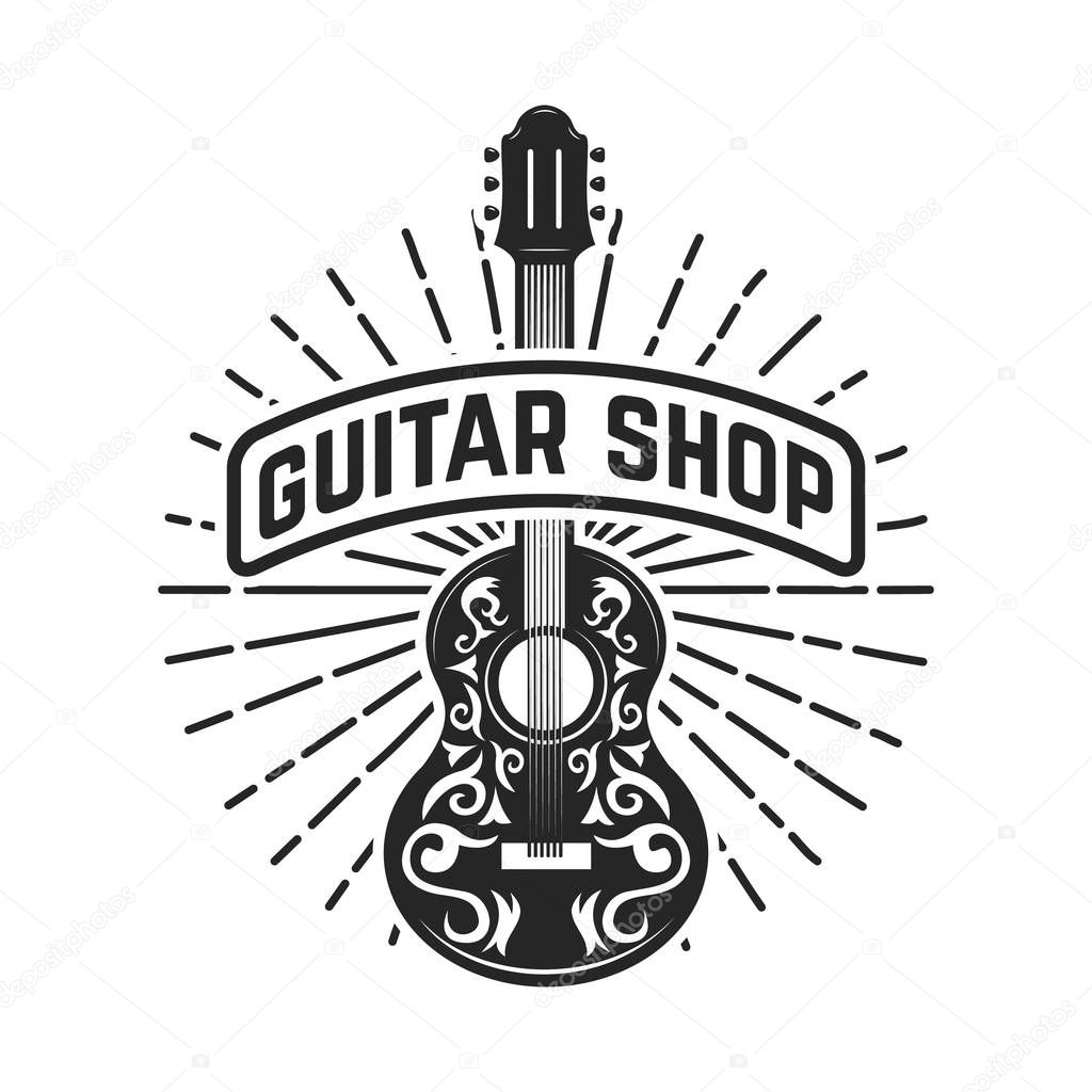 Guitar shop. Rock and roll. Design element for logo, label, emblem, sign. Vector illustration