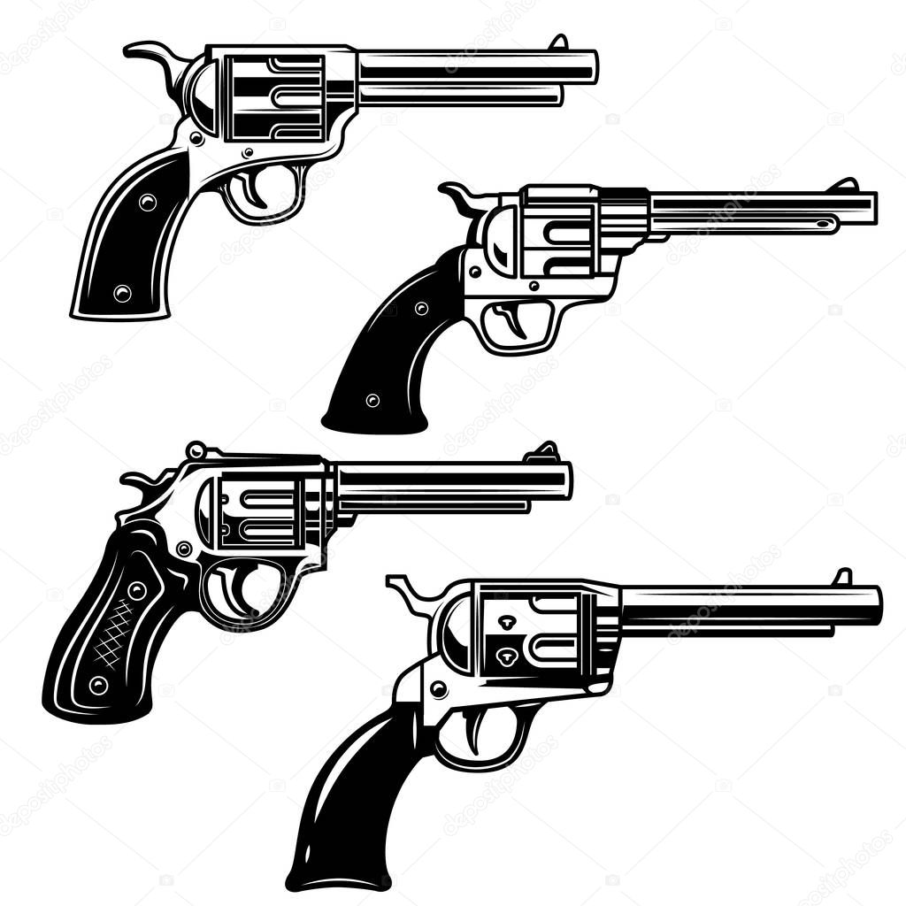 Set of revolvers on white background. Design elements for logo, label, emblem, sign. Vector image