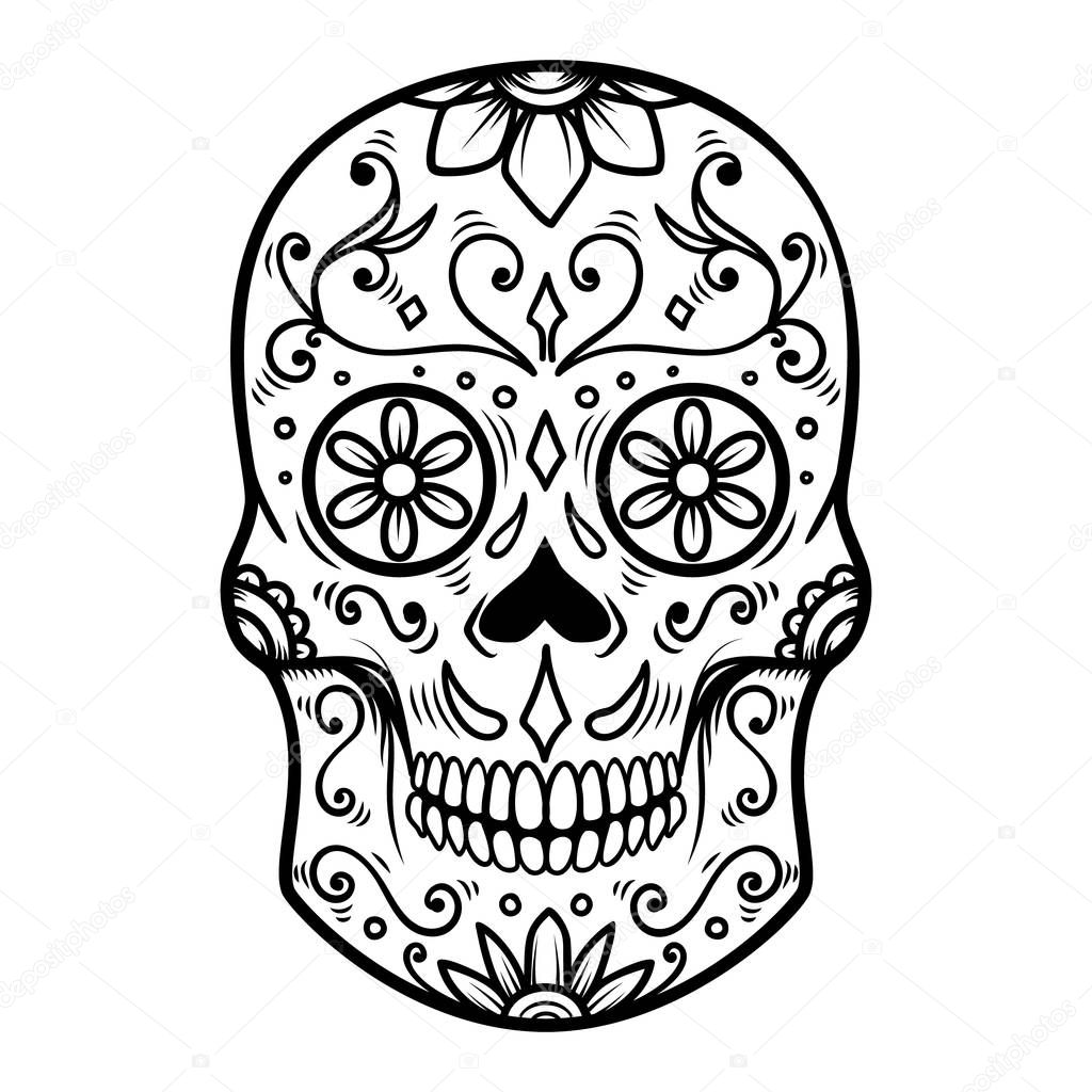 Sugar skull isolated on white background. Day of the dead. Dia de los muertos. Design element for poster, card, banner, print. Vector illustration