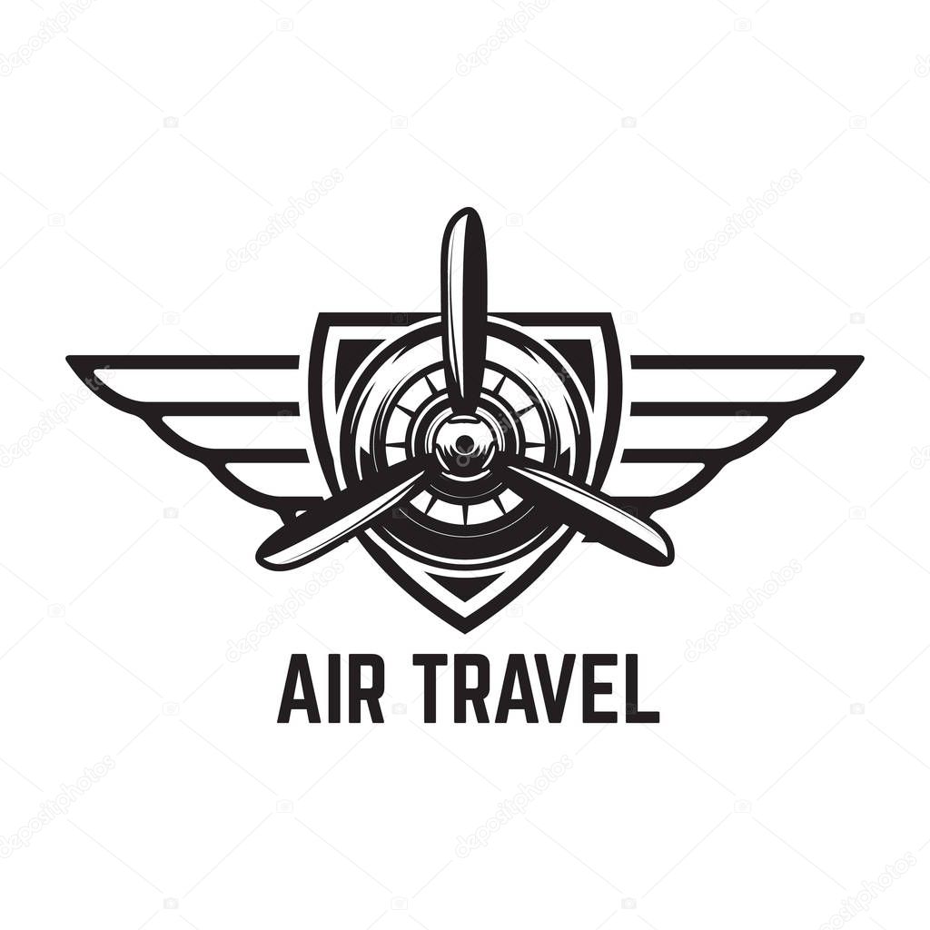 Aviation training center emblem template with retro airplane. Design element for logo, label, emblem, sign. Vector illustration