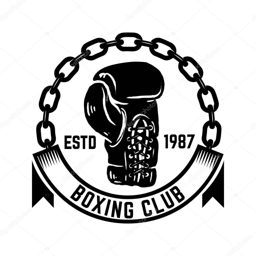 Boxing club. Emblem with boxing hand drawn boxing glove. Design element for logo, label, emblem, sign. Vector illustration