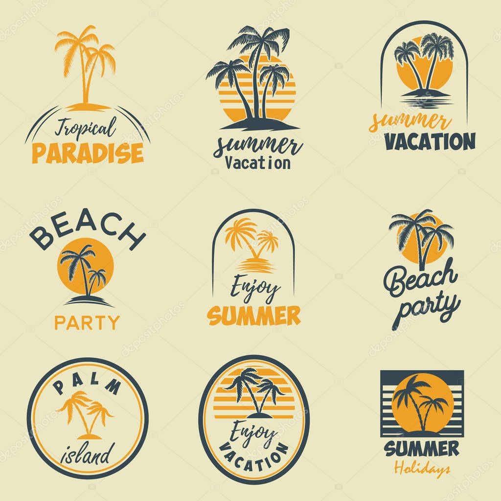 Set of summer emblems and design elements. Design element for logo, label, poster, print, card, banner, sign. Vector image