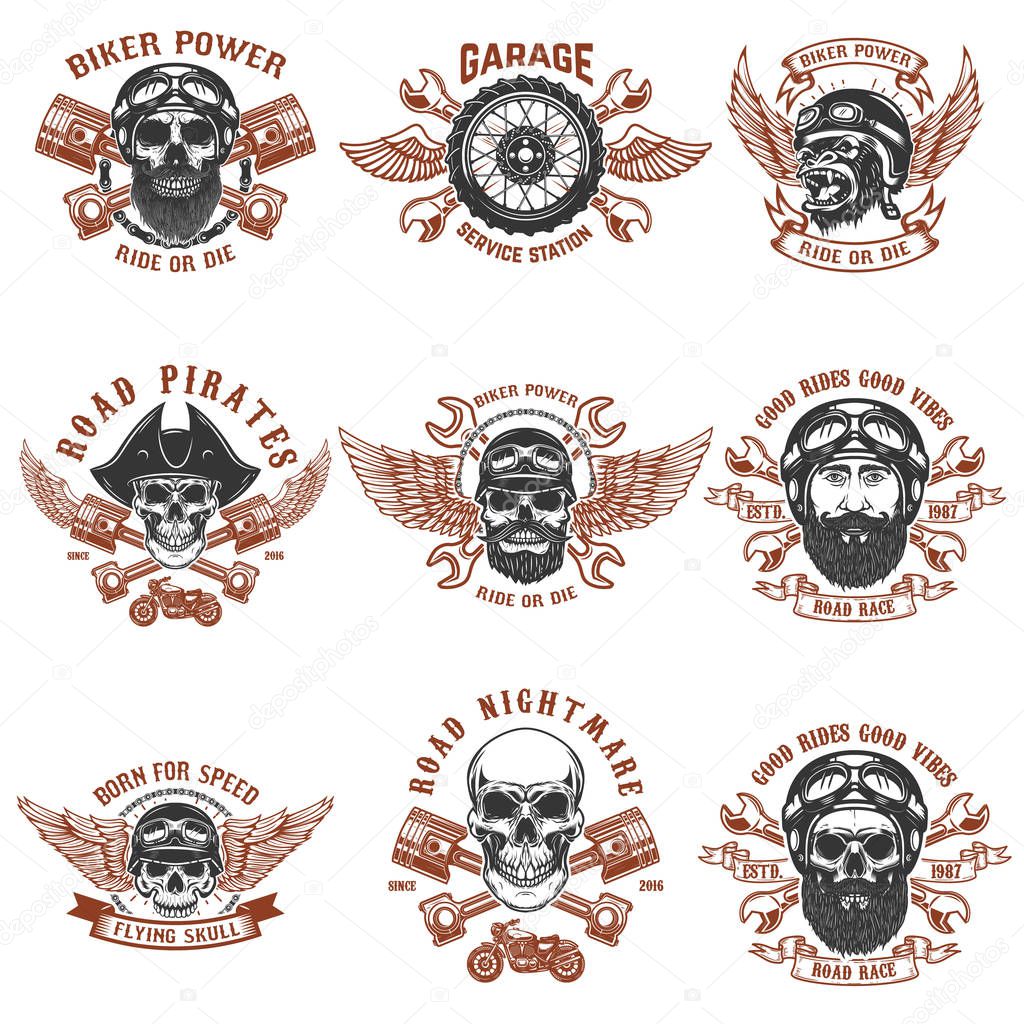 Set of biker emblems. Racer skull with crossed pistons. Extreme motorsport. Design elements for logo, label, emblem, sign. Vector illustration