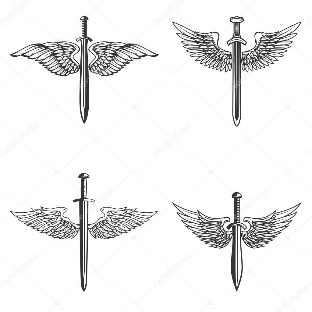 Set of emblems with medieval sword and wings. Design element for logo, label, emblem, sign. Vector illustration