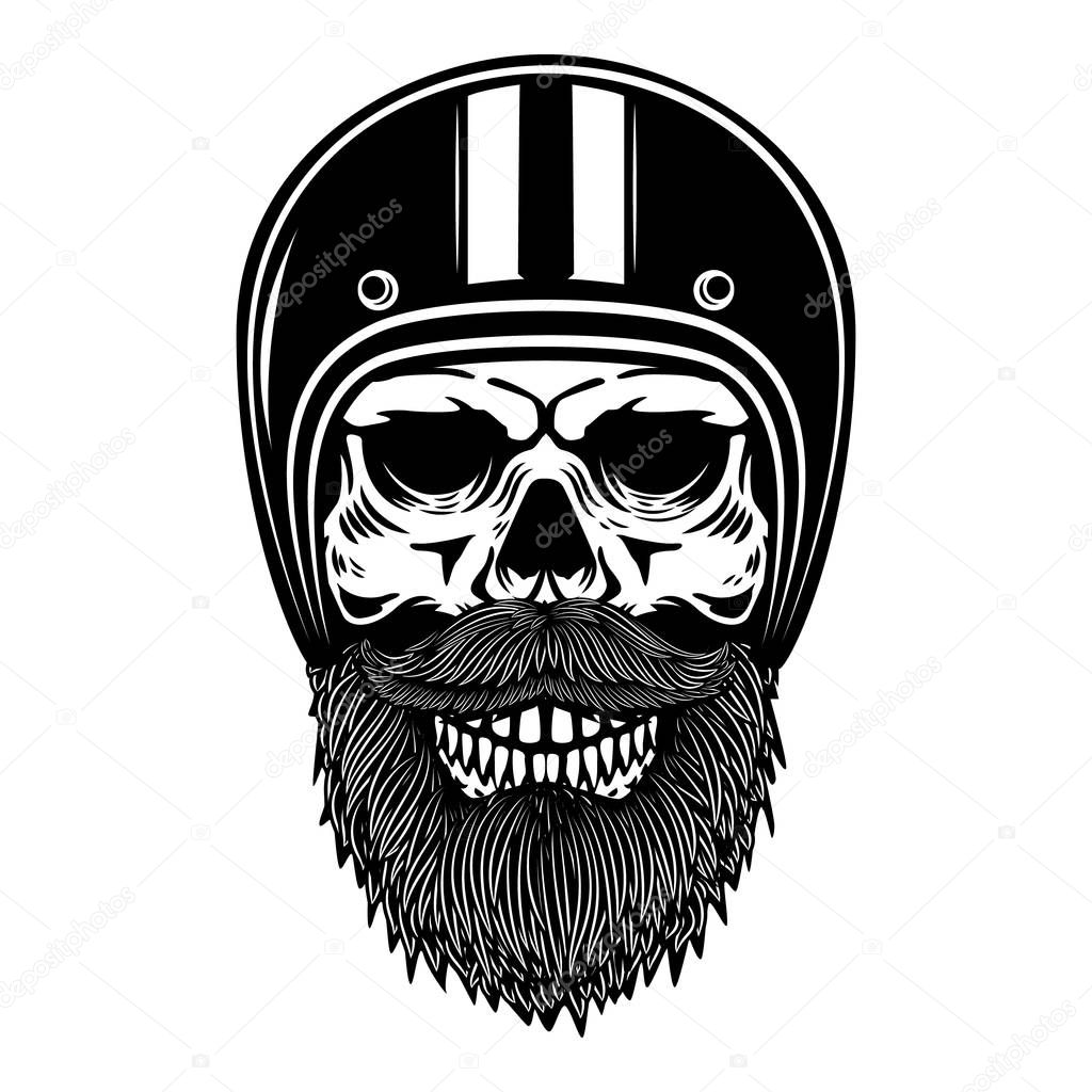 Illustration of bearded skull in racer helmet. Design element for logo, label, emblem, badge, poster, t shirt. Vector illustration
