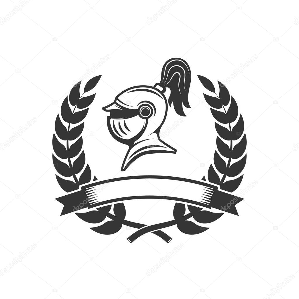Knights. Emblem template with medieval knight helmet. Design element for logo, label, emblem, sign. Vector illustration
