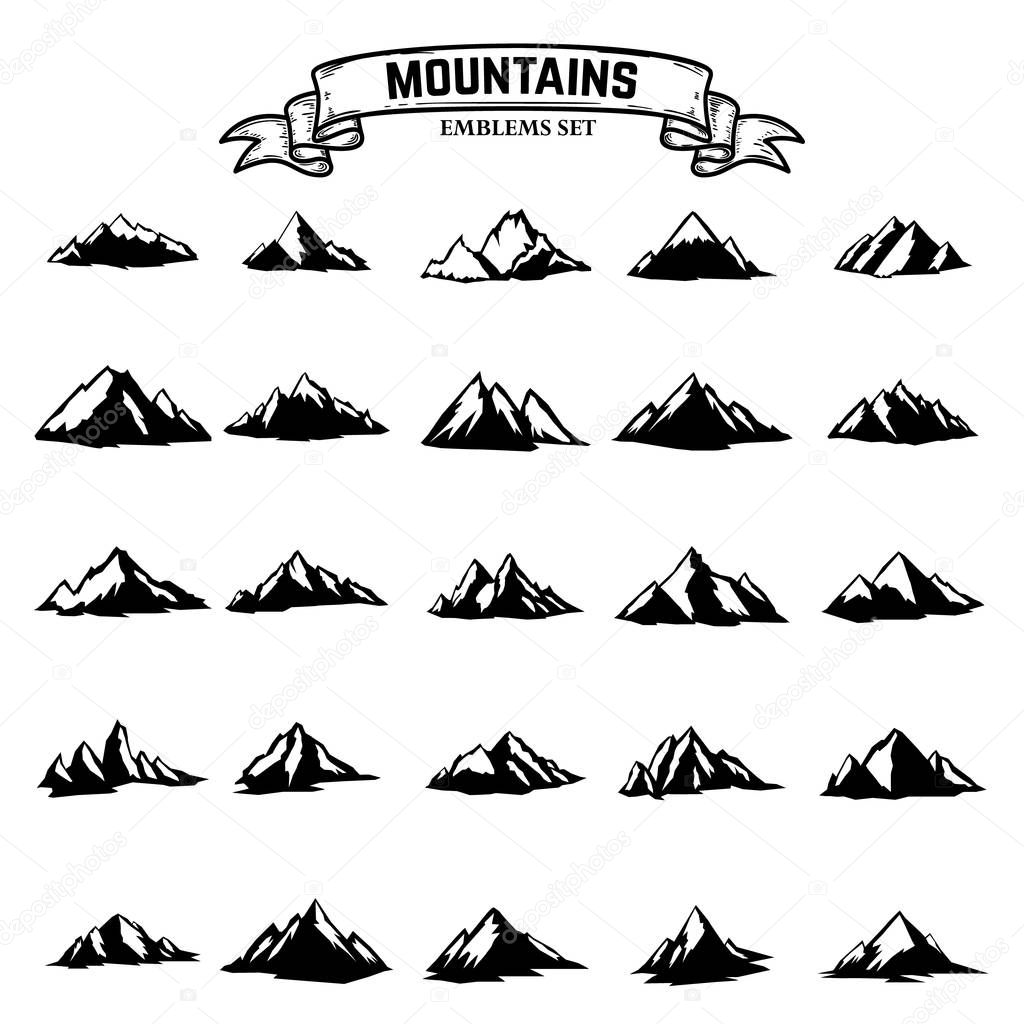 Big set of mountains icons isolated on white background. Design elements for logo, label, emblem, sign. Vector illustration