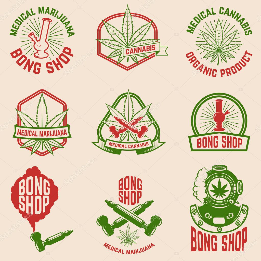 Set of vintage emblems with medical marijuana. Cannabis leaves. Design element for logo, label, emblem, sign, poster, t shirt. Vector illustration