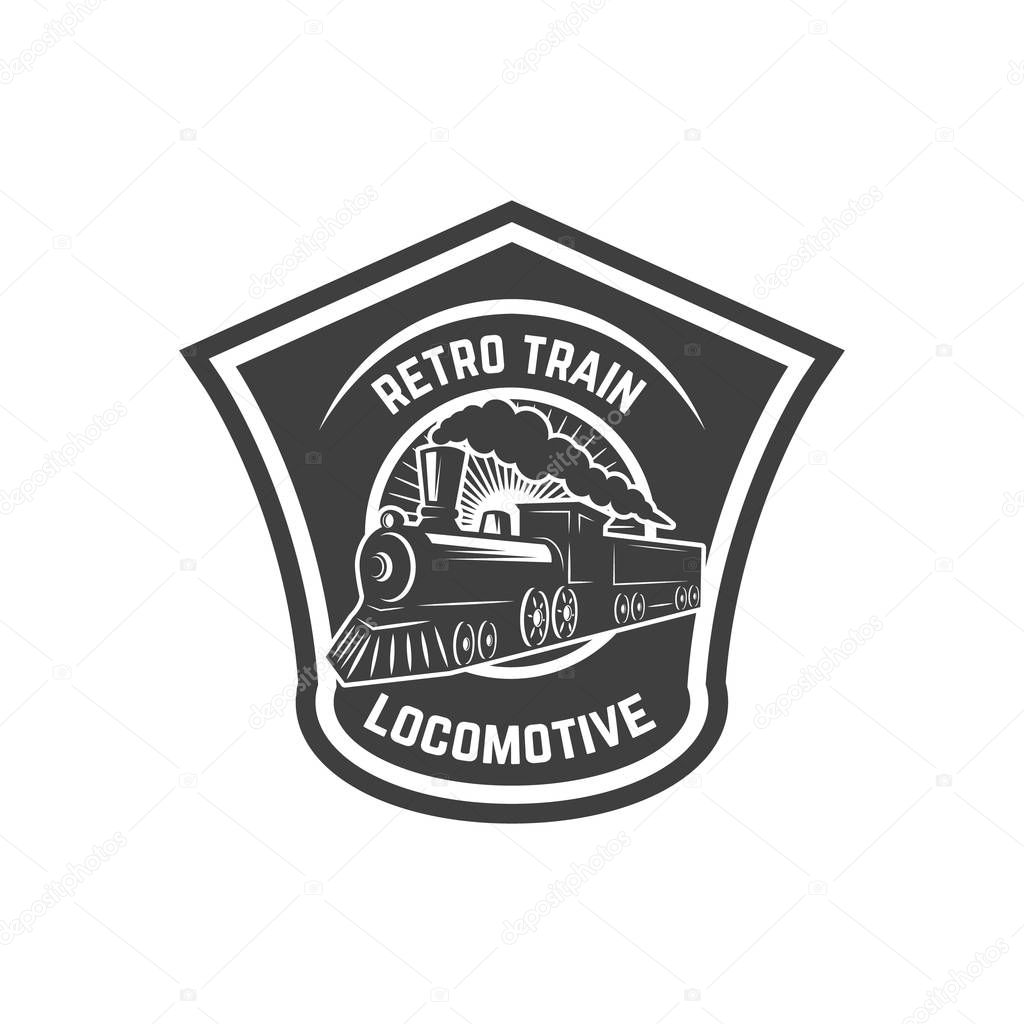 Emblem template with retro train. Rail road. Locomotive. Design element for logo, label, emblem, sign. Vector illustration