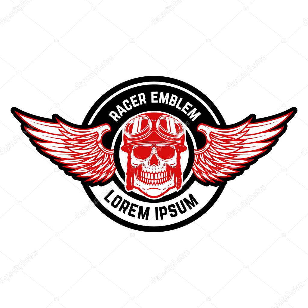 Emblem template with biker skull and wings. Design element for logo, label, emblem, sign, badge. Vector illustration 