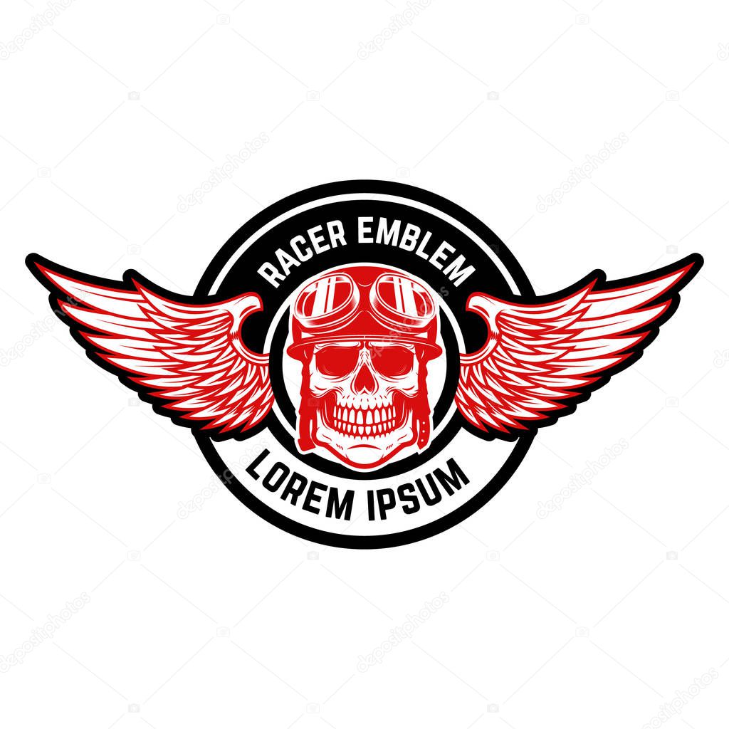 Emblem template with biker skull and wings. Design element for logo, label, emblem, sign, badge. Vector illustration