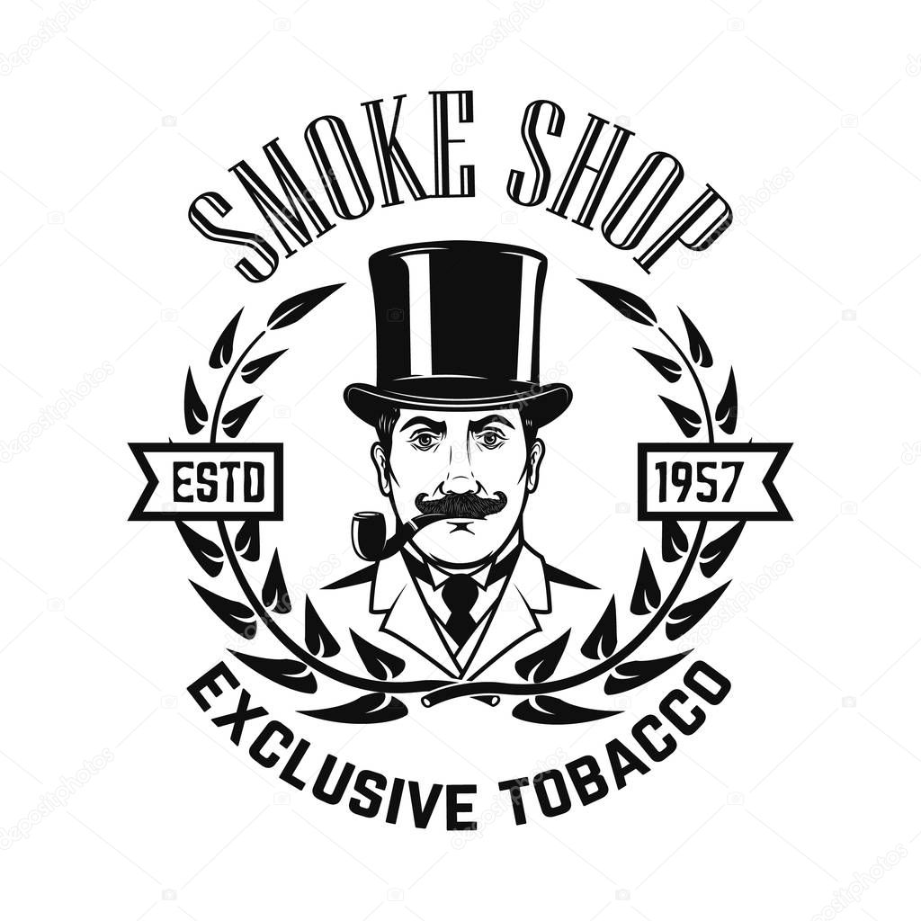 Smoke shop. Gentleman with smoking pipe. Design element for logo, label ,emblem, sign. Vector illustration