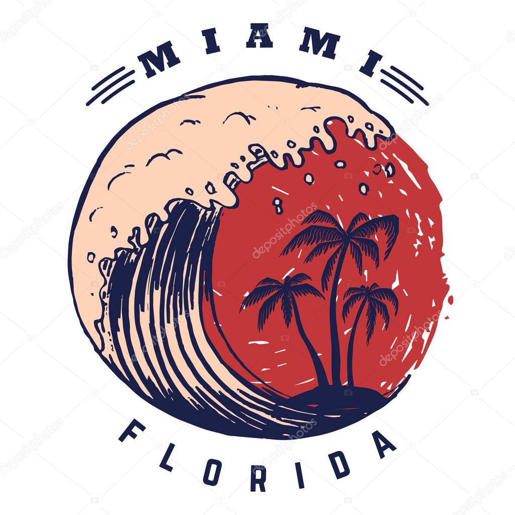 Miami. Poster template with lettering and palms. Vector image