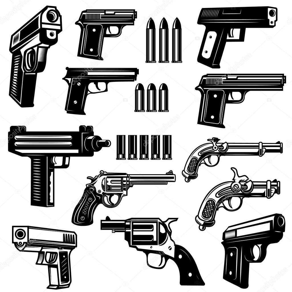 Set of handgun, revolver illustrations. Design elements for logo, label, emblem, sign, badge. Vector illustration