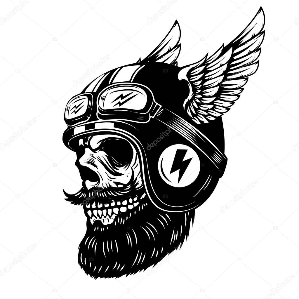 racer skull in winged helmet isolated on white background. Design element for emblem, poster, t-shirt. Vector illustration