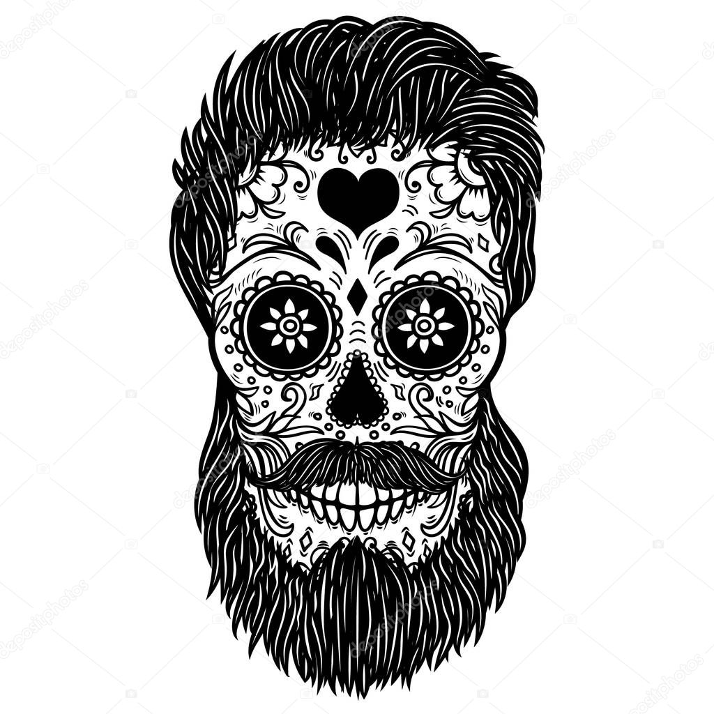 Bearded sugar skull. Design element for poster, card, print, emblem, sign. Vector image