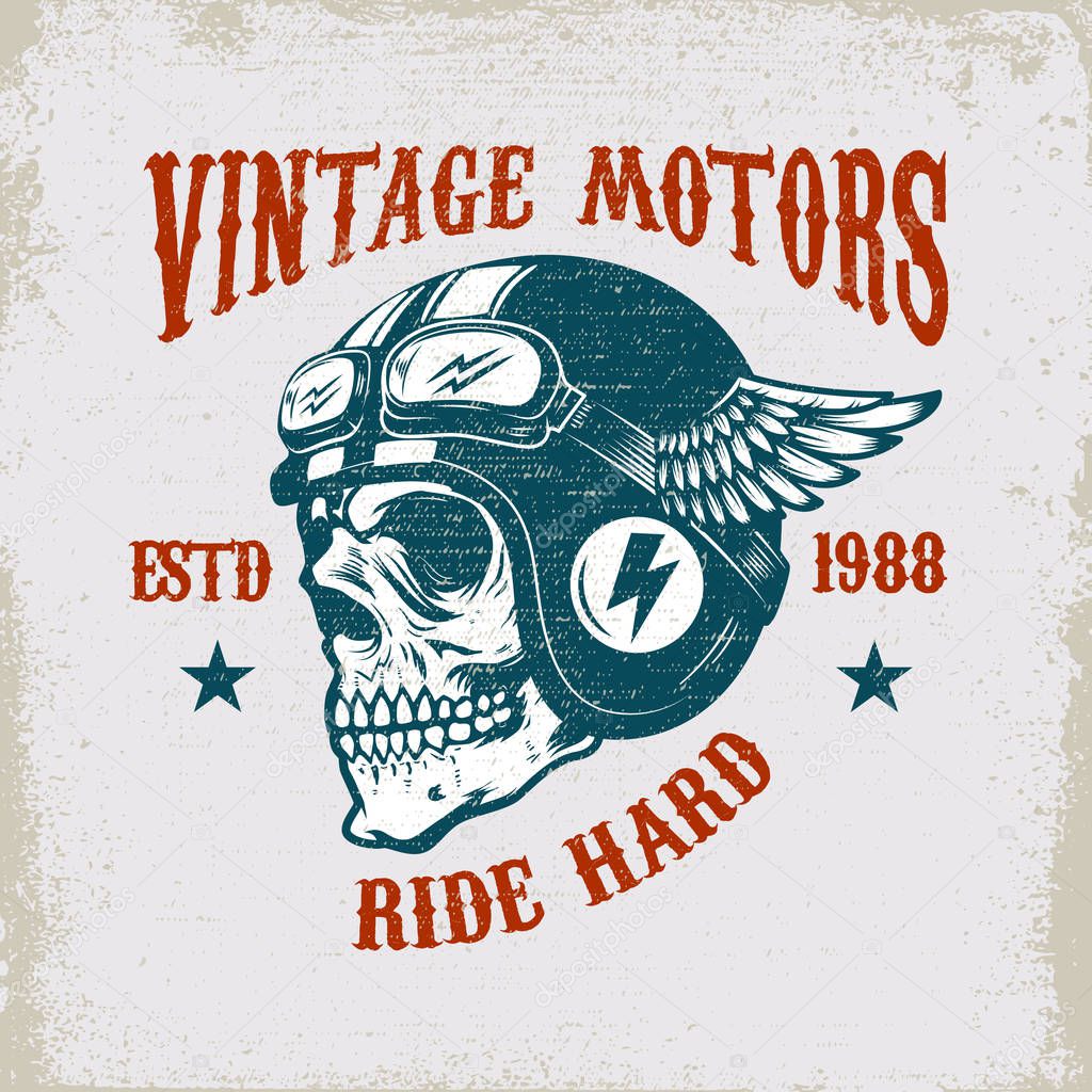 Vintage motors. Ride hard. Vintage racer skull in winged helmet illustration on grunge background. Design element for poster, emblem, sign, t shirt. Vector illustration