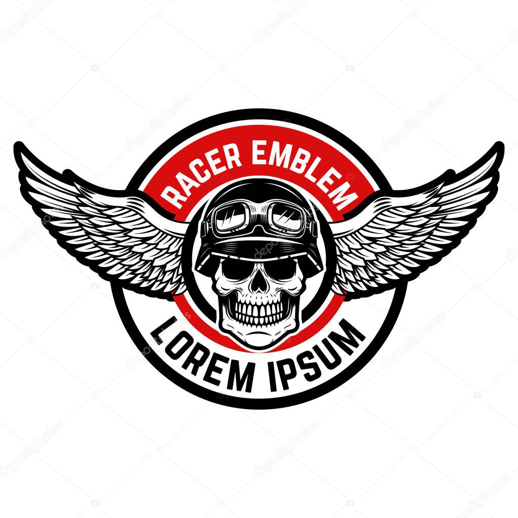 Template of the emblem of racer club. Skull with wings. Design element for logo, label, badge, sign. Vector illustration