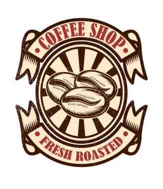 Vintage kahve dükkanı amblemi. Tasarım öğeleri için logo, etiket, işaret, rozet. Vektör çizim