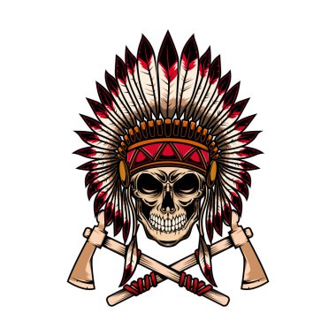 Beyaz arka plan üzerinde çapraz tomahawks ile yerli Hint baş kafatası. Logo, amblem, etiket işareti için öğe tasarlayın. Vektör çizim