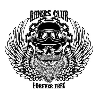 Riders club. Vintage motorcu amblemi kanatlı racer kafatası ile. Vektör görüntü
