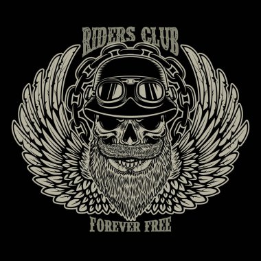 Riders club. Motorcu kafatası ve kanatlar amblemi şablonu. Poster, kart, t gömlek tasarım öğesi. Vektör görüntü
