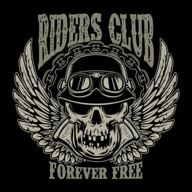 Riders club. Vintage motorcu amblemi kanatlı racer kafatası ile. Vektör görüntü