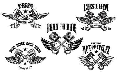 Kanatlı motosiklet ve araba pistonlar kümesi. Logo, amblem, etiket işareti için öğe tasarlayın. Vektör çizim