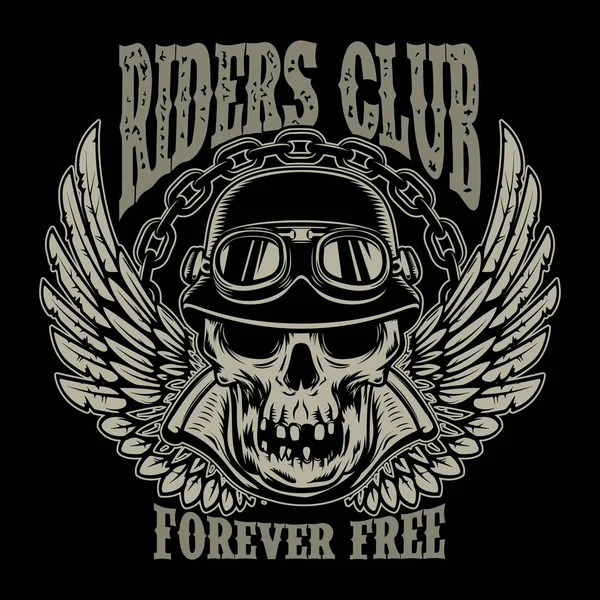 Riders club. Vintage biker emblem with winged racer skull. Vector image
