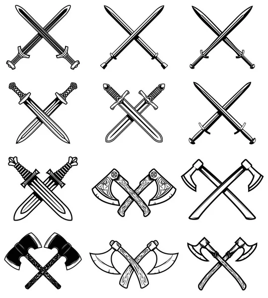 Set Armi Antiche Spade Cavaliere Asce Elemento Design Logo Etichetta — Foto Stock